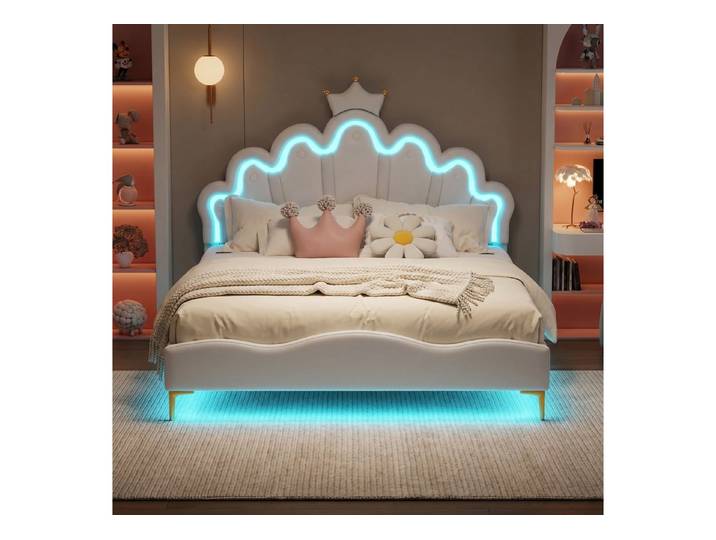 Simurq Kinderbett Mädchenbett 140x190 cm mit LED Verstellbares-Kopfteil in Kronenform (Versand in 2 Paketen, Jugendbett Gästebett für kinder/Erwachsenen,ohne Matratze), Prinzessin Bett, Polsterbett Bettgestell mit Lattenrost,PU-Leder