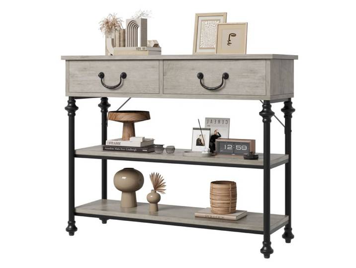 Table Console avec 2 Tiroirs et 2 Étagères Ouvertes Console Meuble Rustique Table d'Appoint Étroite-100x30x80cm GRIS