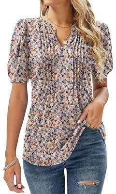 Uplifted Finds Women V Neck Puff Pleated Summer Tunic Blouse Casual Work Top m pink