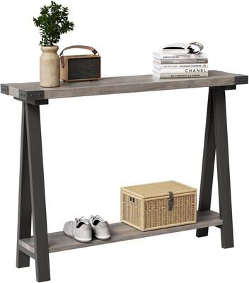 YUN Farmhouse Console Table with Storage, Rustic Grey 2-Tier Narrow Entry Table with Metal Frame
