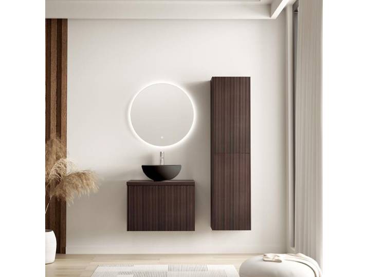 LOMAZOO Ensemble Meuble de Salle de Bain 60cm Noyer Cannelé - Vasque à Poser Noire - Colonne de Rangement [TROPANI]
