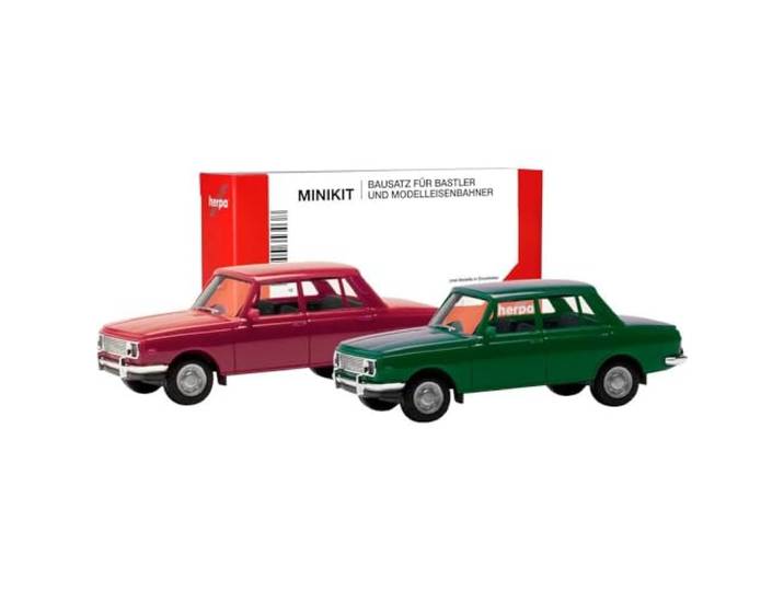 Herpa Modelbouwset MiniKit Wartburg 353 66, set van 2, karmijnrood/Atlantisch groen, miniatuur in schaal 1:87, verzamelstuk, kit voor modelbouw, kunststof