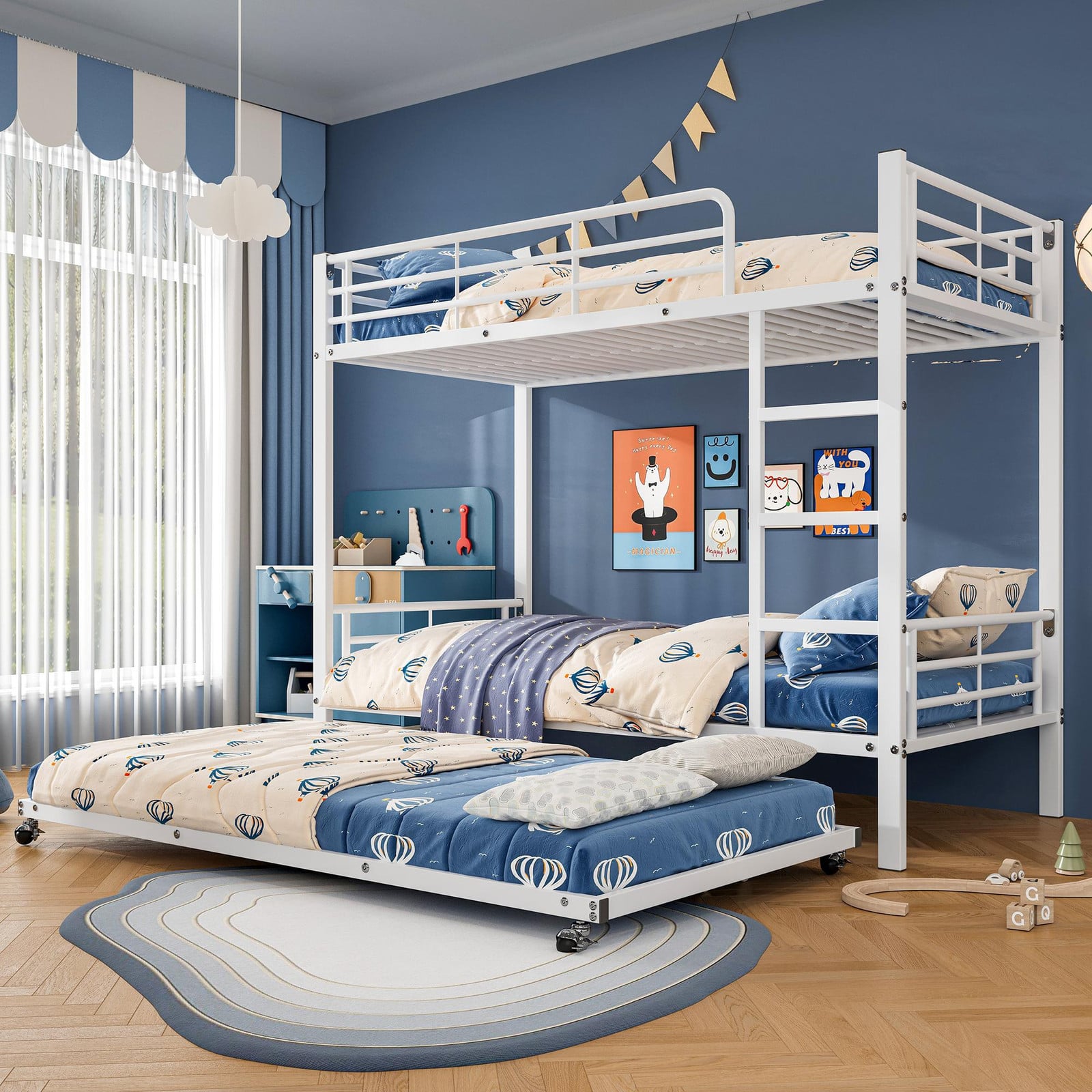 Merax stapelbed met uitschuifbaar bed, wit metalen kinderbed met 4 beschermroosters, 90x200 cm en 90x190 cm