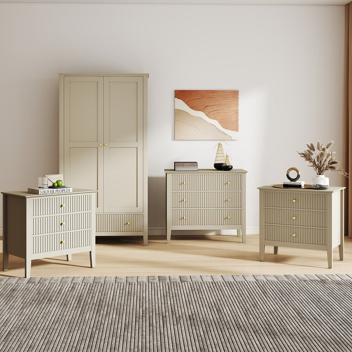 Double Wardrobe, 3 Drawer Chest Of Drawers and Pair of Large Bedside Tables - Hales Taupe Range Coated MDF, Metal
