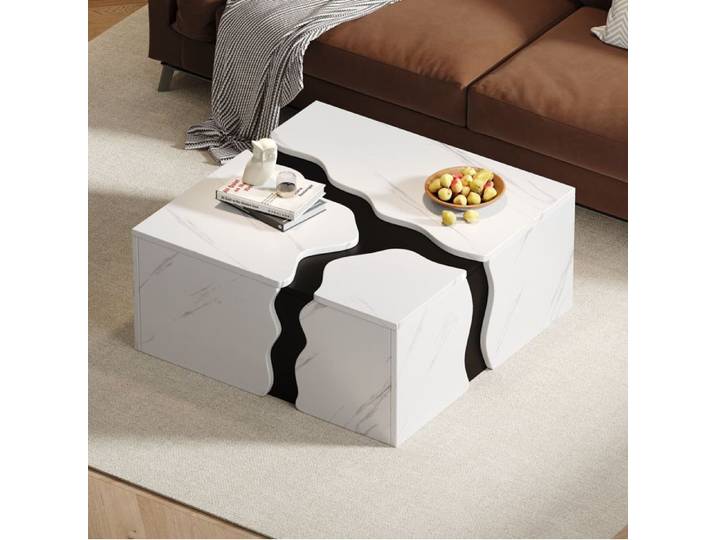Table Basse Carrée Blanche Aspect Marbre Table De Salon Design FloraGrace Pour Salon Et Petit Espace Avec 1 Tiroir 70x70x31cm
