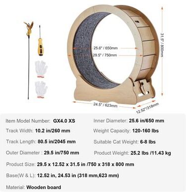 Inspired Finds ActivePaws Wooden Cat Exercise Wheel Indoor Cat Treadmill With Detachable Carpet & Cat Teaser 29.5inch