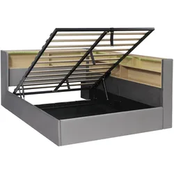 MODFU Tagesbett Samt Grau 140x200 cm mit hydraulischem Stauraum, LED, USB und Type-C