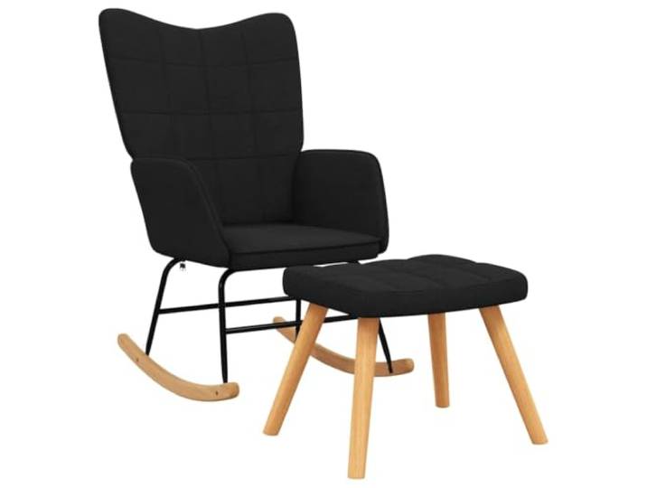 Schaukelstuhl mit Fußablage Schwarz aus Stoff mit Stahlrahmen Quadratische Nähte, Schwammfüllung, Holzkufen, stabiler Stahlrahmen, elegantes Design