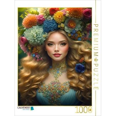 CALVENDO Puzzle Portrait einer rotblonden Frau mit bunten Blüten als Kopfschmuck | 1000 Teile Lege-Größe 64x48cm Foto-Puzzle für glückliche Stunden,