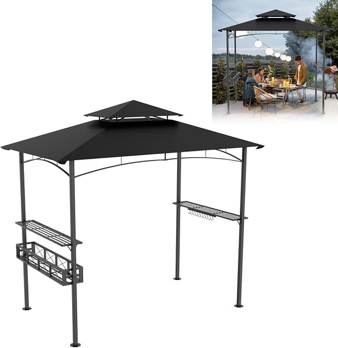 Grillpavillon Winterfest mit Metallrahmen und Polyesterdach, 245 x 153 x 250 cm, Schutz vor Regen und Sonne, inkl. Stauraumbasket, Pavillon Überdachung für Grillpartys GartenTerrasse,Schwarz