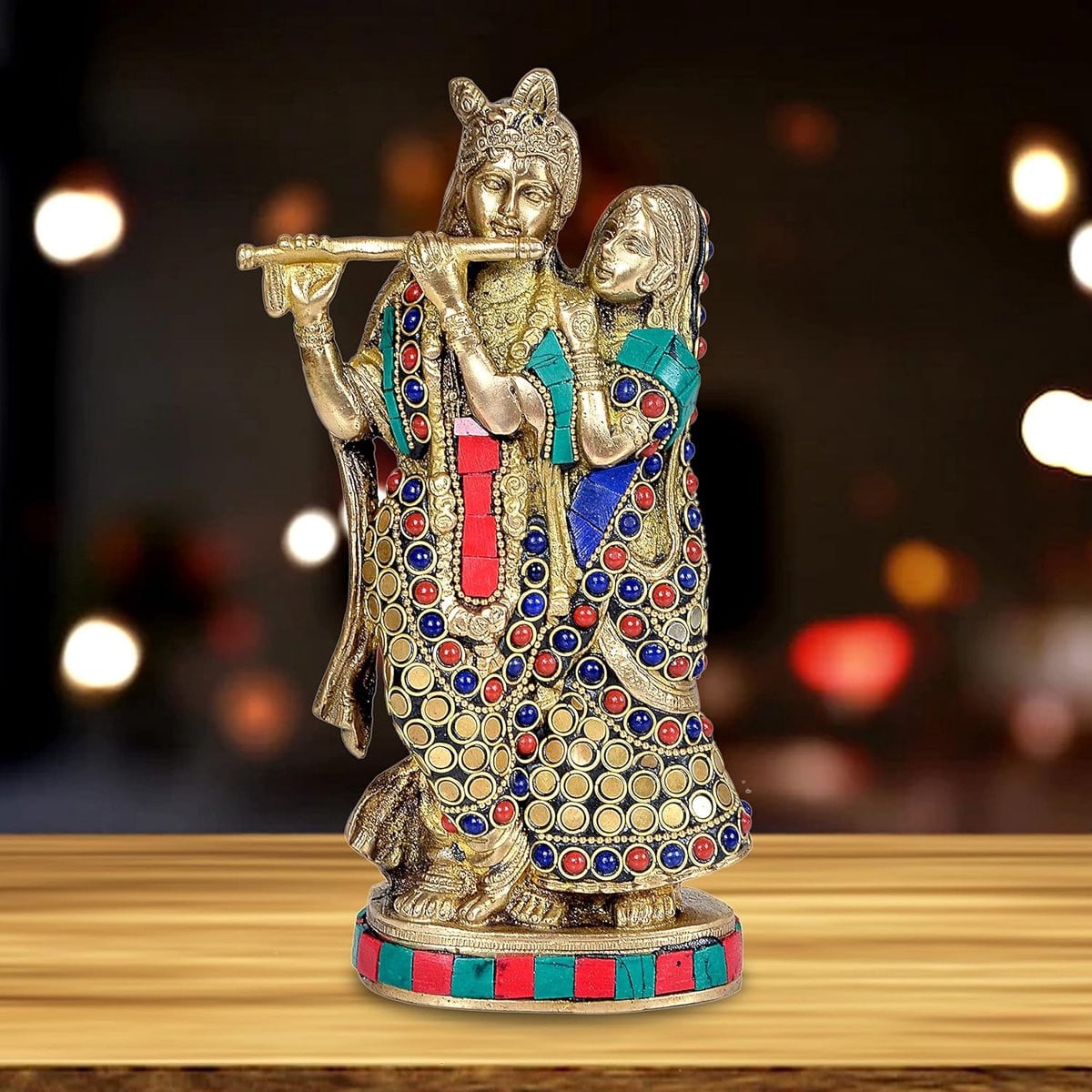 Radha Krishna Beeldje - Gedetailleerd Steenwerk - Veelkleurig - Hoogte: 20 cm