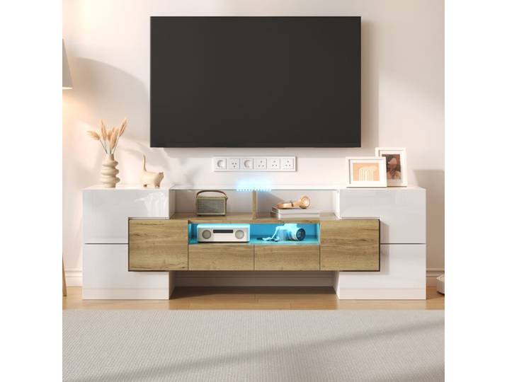 Armoire TV Elégante avec éclairage LED Meuble TV Brillant Moderne Surface en Verre Blanc et Bois 145x30x51cm