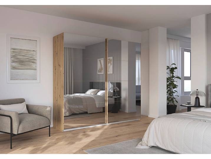 Schwebetürenschrank Quadra mit Dämpfung 226cm Braun/Eiche Artisan Dekor mit Spiegeltür/-en