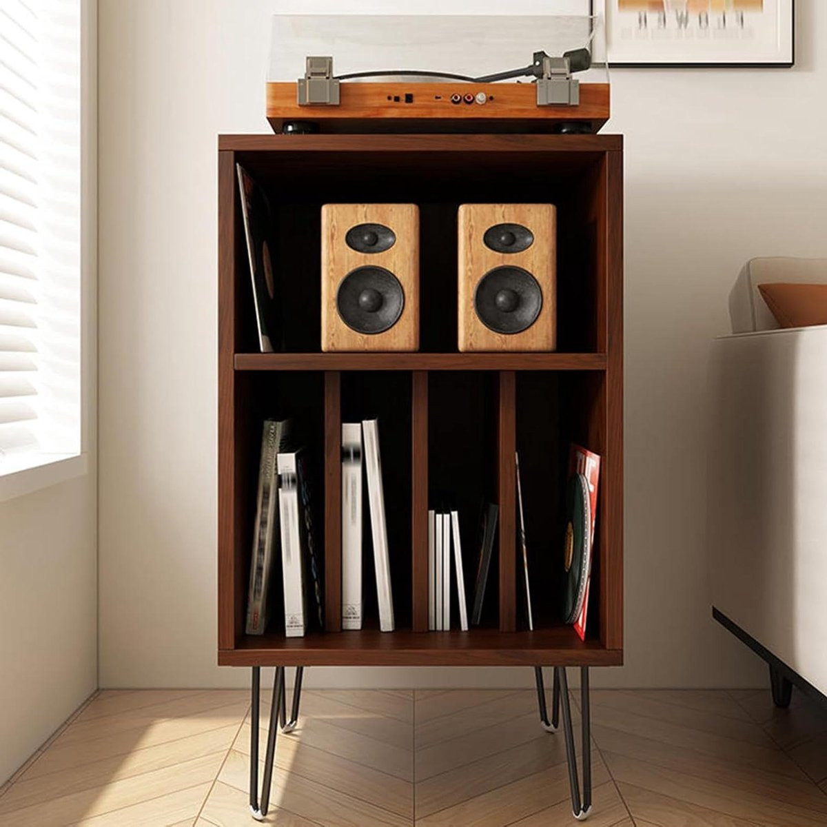 Mediastandaard Stereokast Audio Meubel met Meerlaags Ontwerp in Walnootkleur, Hoogte: 83 cm