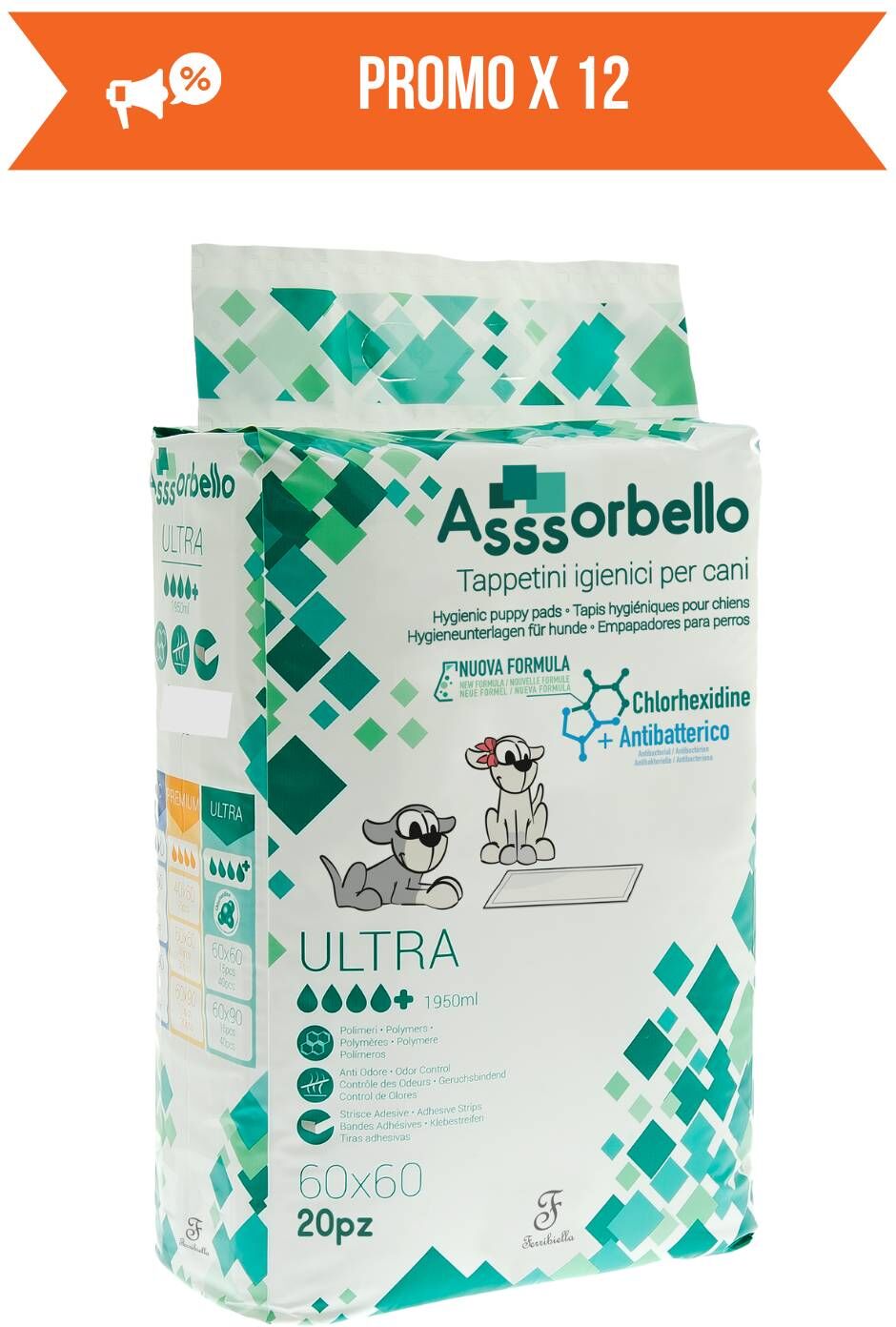 Ferribiella 12 CONF. 60 x 60 cm 20 pz Tappetini Igienici Ultra per Animali Domestici alla Clorexidina