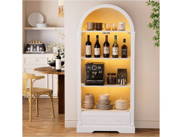 ROVRYN Vitrine arquée 180 cm avec porte en verre LED à détection tiroir MDF et verre blanc