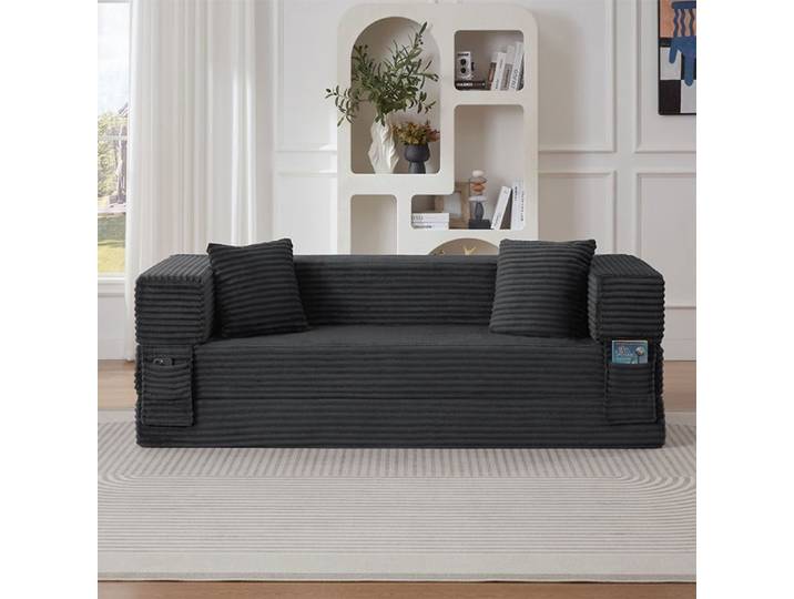 Canapé convertible 3 places canapé-lit en velours côtelé design carré modulable canapé de sol transformable en lit gris foncé