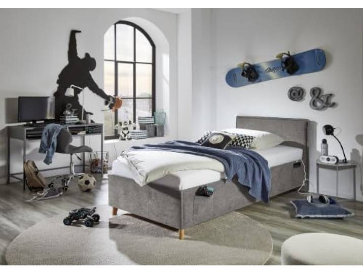 Meise Möbel Kinderbett Fun 90x200 cm Bettgestell Kopfteil glatt Webstoff Grau Holzfuß eichefarbig