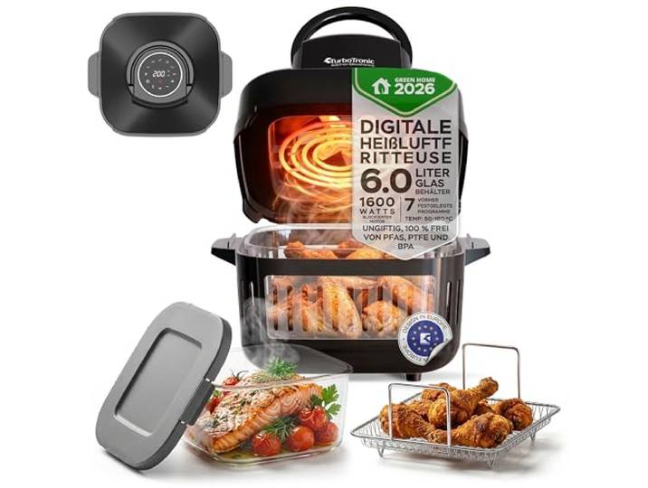 TurboTronic Heißluftfritteuse 6 L - AFG6-1600 W Glas Airfryer – Digitale Heißluft Fritteuse 50–180 °C 7 Programme Touch-Display Air Fryer Heißluftofen BPA-frei (schwarz)
