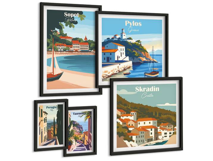Tulup Bilder SET 5er Set - 50x50 cm & 20x30 cm & 40x60 cm Schwarzer Rahmen - Retro-Landschaften im malerischen Stil, Kunststoff, Rechteckig, 40x60 cm, Fotografie, Bilder & Rahmen, Bilder