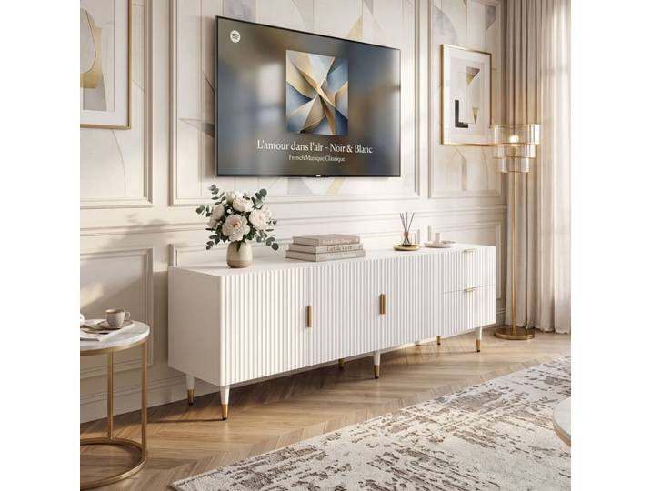 Meuble TV 170 cm Grand Rangement Portes & Tiroirs Design Soigné Façade Cannelée