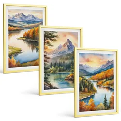 BILDER SET 3er Set - 40x60 cm Goldrahmen - Berglandschaften mit einem Fluss
