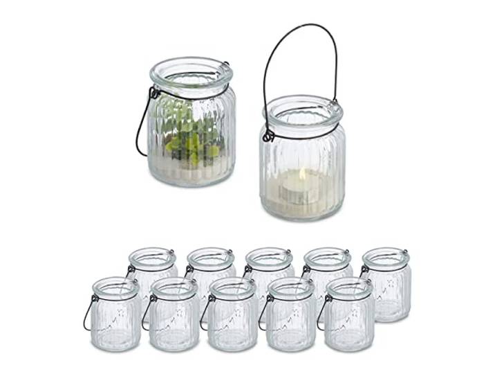 Relaxdays Photophores\, Lot de 12\, avec Anse\, intérieur & extérieur\, 9\,5 x 8 cm\, décoration Mariage\, Transparent - Noir
