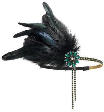 Fusion Finds Vintage Gatsby Headband Rhinestone Flapper Feather Hair Accessory black