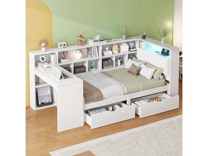 Lit combiné enfant 90x200cm - avec 2 tiroirs - avec lumières LED colorées - station de charge - blanc