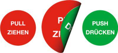 moedel Piktogramm-Aufkleber „Pull Ziehen/Push Drücken“, doppelseitig bedruckt, selbstklebend, Ø 100 mm, Folie, rot-grün