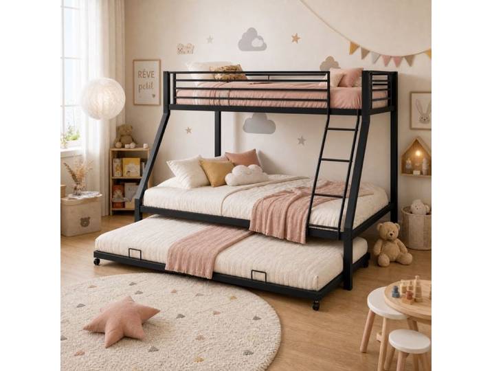 Lit Superposé enfant 90/140×200 cm Lit Superposé Métal avec Lit gigogne 90x190cm et barrière de sécurité Lit enfant 3 places Noir