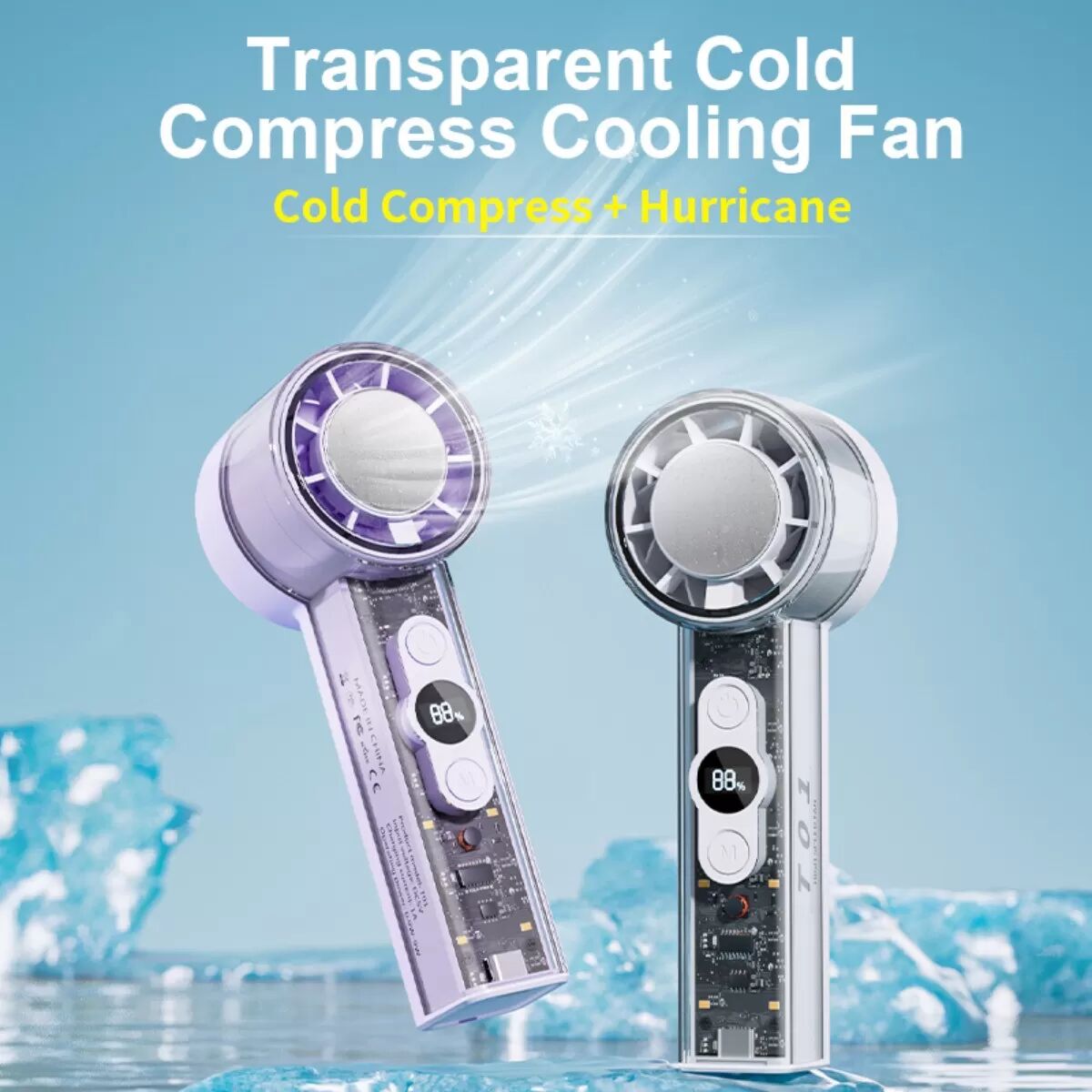 INF Transparenter wiederaufladbarer Handventilator mit 100-stufiger Geschwindigkeit, Digitalanzeige, LED-Licht, 3000MAH, Type-C Weiß