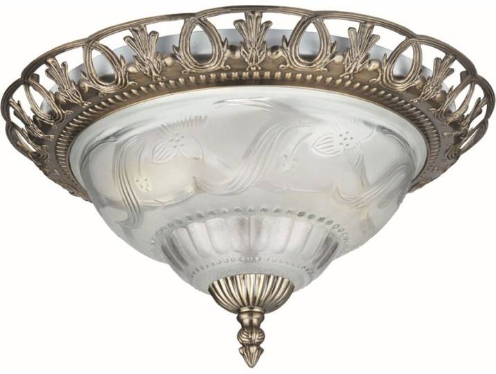 Plafonnier rustique Flush laiton antique verre satiné 33cm