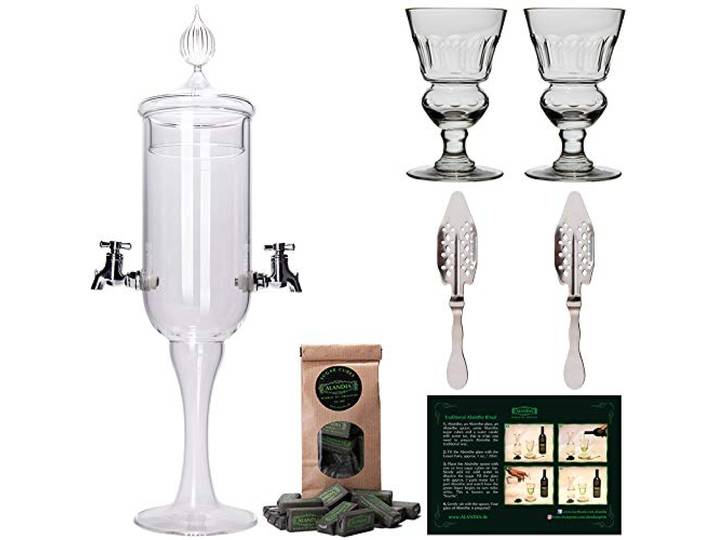 Absinth Zubehör Set Petite von ALANDIA 1x Absinth Fontäne 2x Gläser mit Reservoir 2x Löffel aus Edelstahl 1x Zucker
