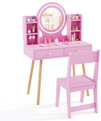 Costway Kids Vanity Set with Lighted Mirror and Storage Drawers-Pink