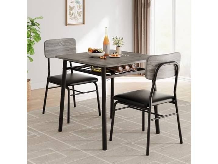 3-teilige Essgruppe 2 Stühle für 2 Personen Quadratischer Küchentisch Mit Ablage und Stauraumregal Robustes Metallgestell gepolsterte Stühle