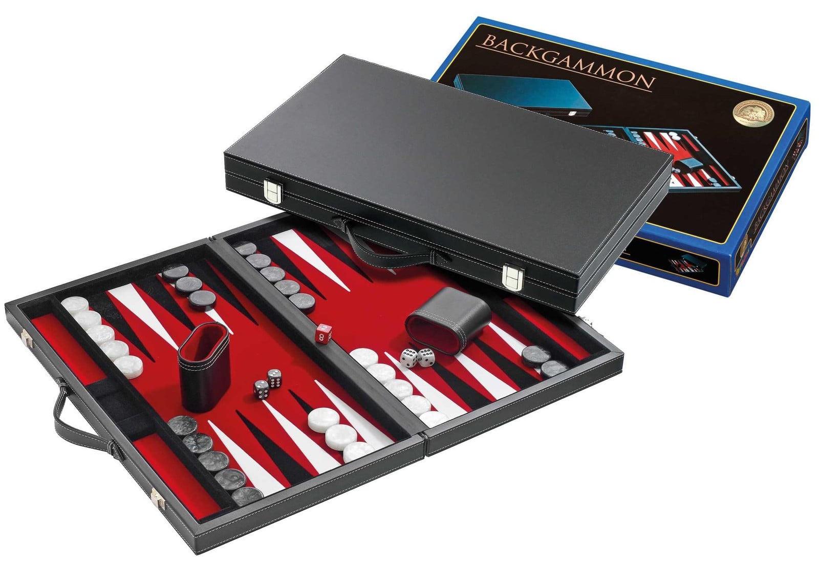 Philos Backgammon in kunstleren koffer met rood, zwart en wit filzdoek