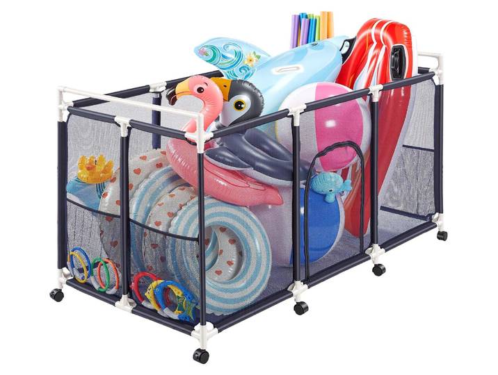 Bac de rangement pour piscine VEVOR 1590 x 815 x 915 mm\, organiseur avec poches latérales\, cadre en PVC\, panier en filet\, bac de rangement\, panier de rangement\, chariot de rangement pour jouets de piscine