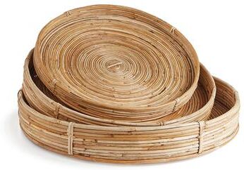 Porch & Petal Cane Rattan Round Tray, Set Of 3
