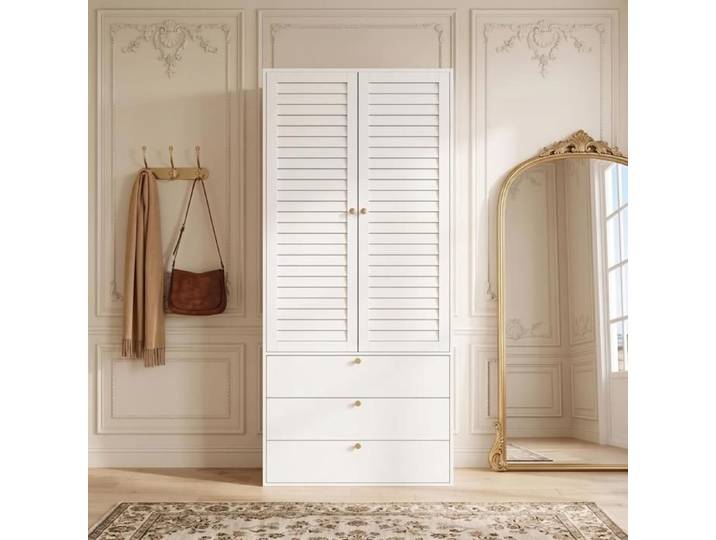 Armoire à 2 portes portes à persiennes+3 Tiroirs blanc 90x50x200cm armoire à portes battantes 1 tringle à vêtements Armoire moderne