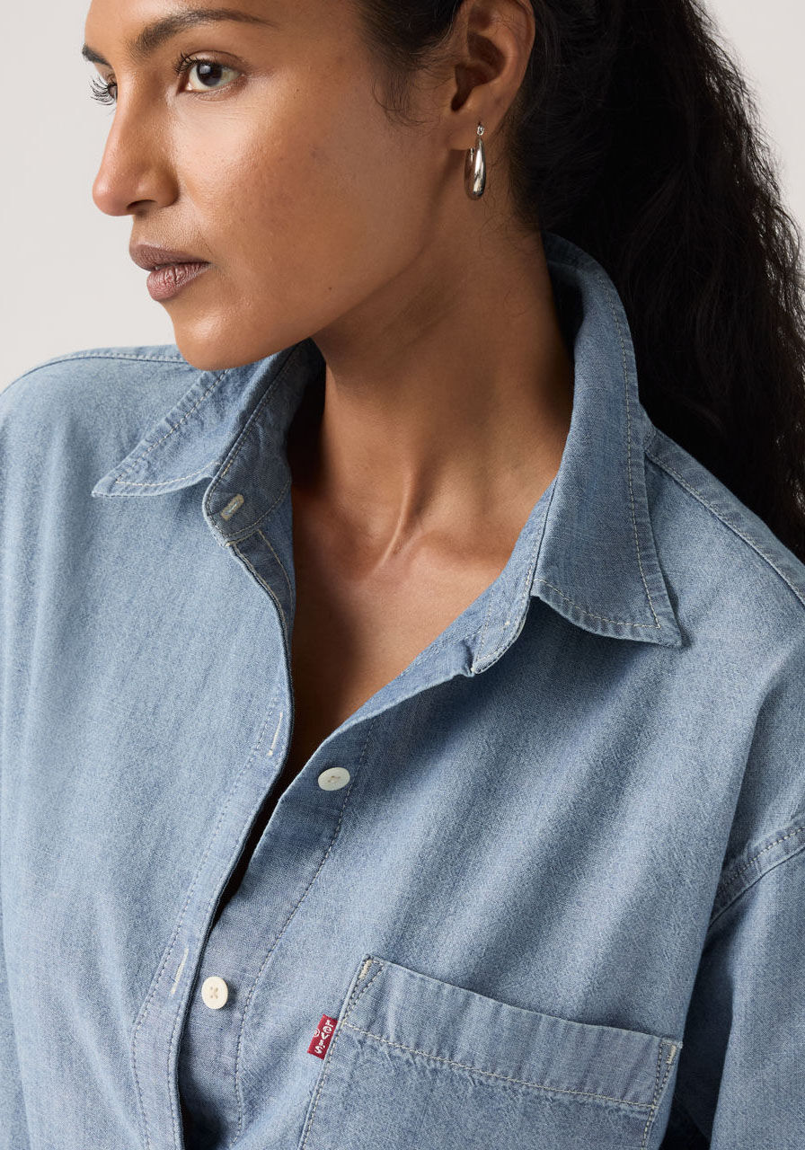 Jeansbluse LEVI'S "HARLIE BOYFRIEND SHIRT", Damen, Gr. S (36), good daze, Web, Obermaterial: 100% Baumwolle, relaxed fit Po-bedeckend, 2-Knopf-Manschette, Blusen Jeansbluse, mit Brusttasche good daze S (36)