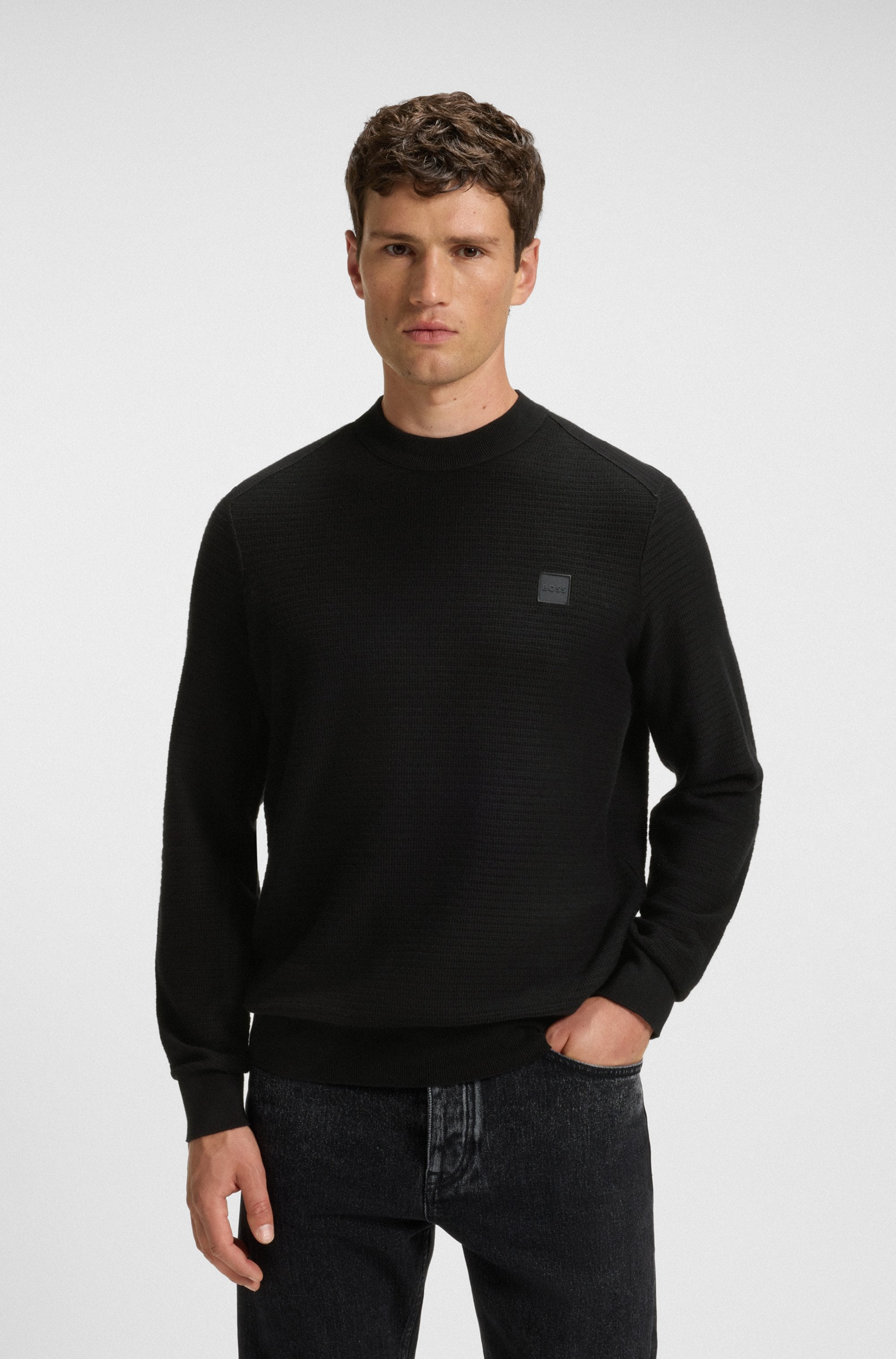 Strickpullover BOSS ORANGE "Anion Cotton Cashmere", Herren, Gr. L, schwarz (schwarz001), Strick, Obermaterial: 95% Baumwolle, 5% Kaschmir, unifarben, regular fit normal, Rundhals, eingesetzt Bündchen, Pullover Strickpullover, Rundhalsausschnitt, Regular F
