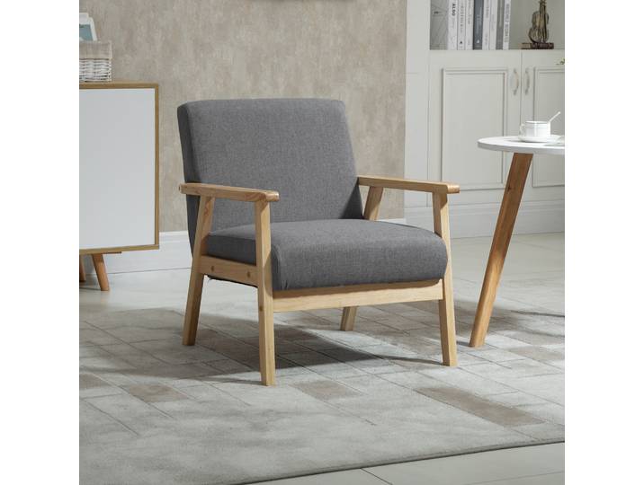 HOMCOM Fauteuil au design scandinave, Fauteuil d'appoint, Bois massif, aspect lin, 64 cm x 70 cm x 72 cm, Gris + Naturel