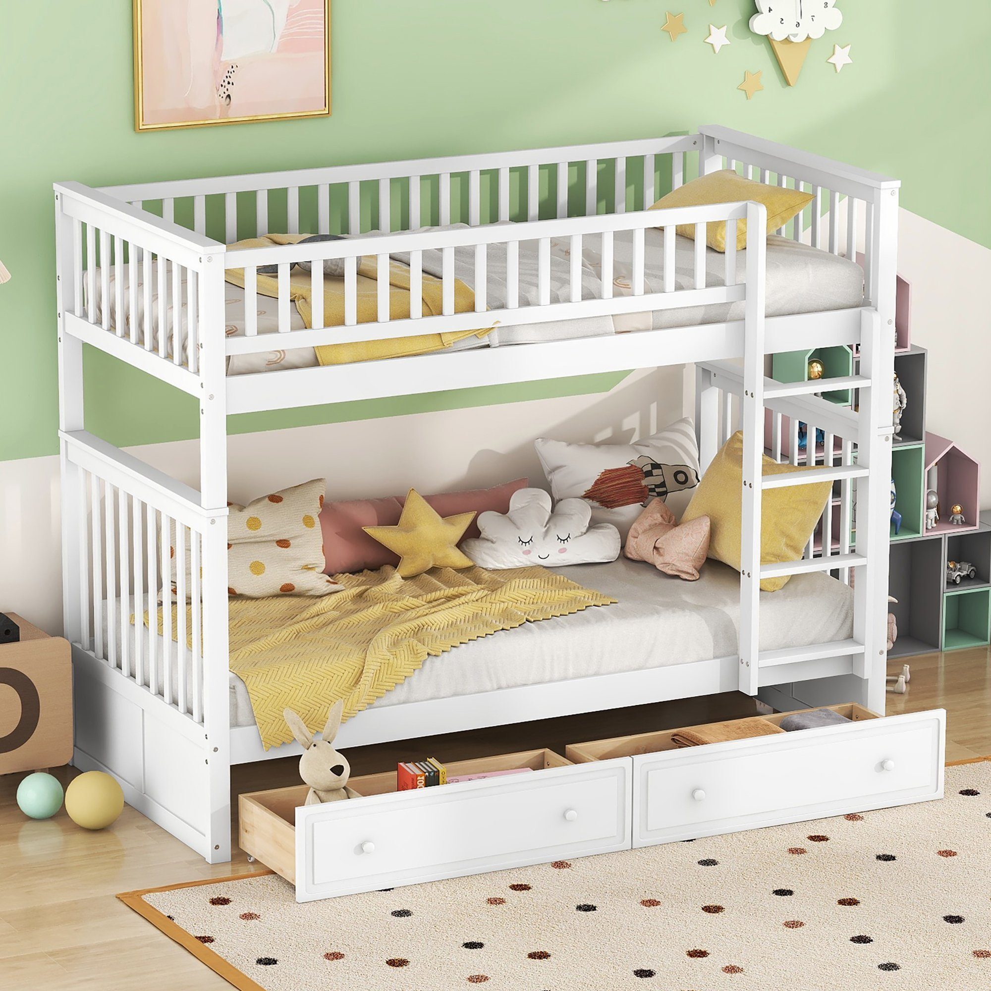Fortuna Lai Etagenbett Hochbett 90x200 cm, umbaubar in 2 Einzelbetten, 2 Schubladen, Lattenrost, extra hoher Rausfallschutz, Vollholz, in weiss, Holzbett 90x200cm