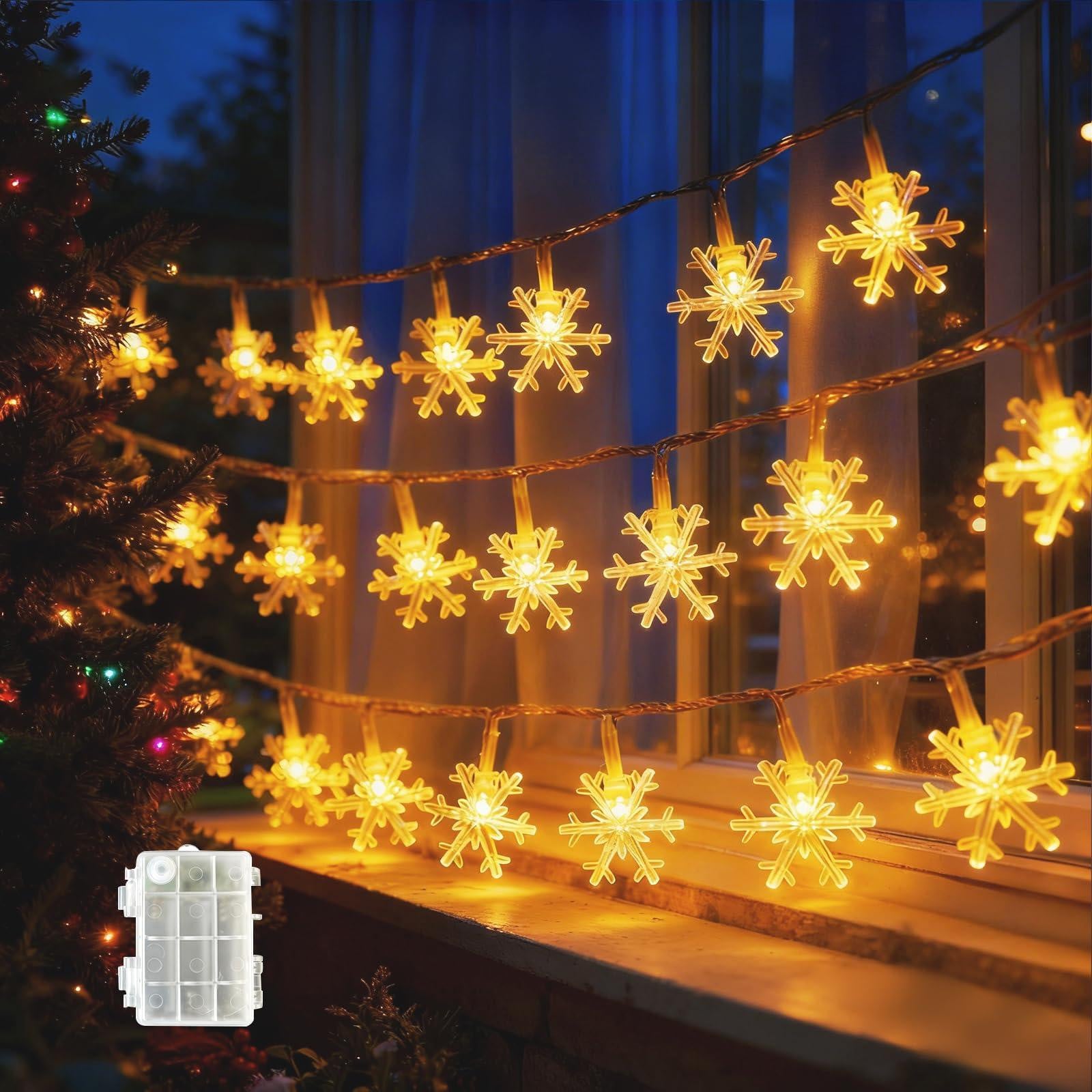 Dripio LED-lichtketting met sneeuwvlokken, 6 meter, 40 warm witte LED's, werkt op batterijen