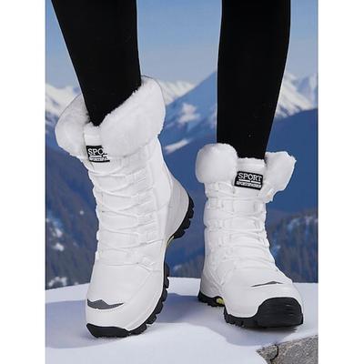 Weiße Damen-Winterstiefel mit Fellbesatz – wasserdichte Schnürstiefeletten mit Plateau für Wandern, Skitouren und Wintersport