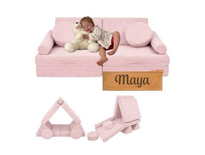Flumi Modulares Kindersofa 10-teilig – Kindercouch mit waschbarem Bezug, personalisierbar mit Namen (Cord Rosa)