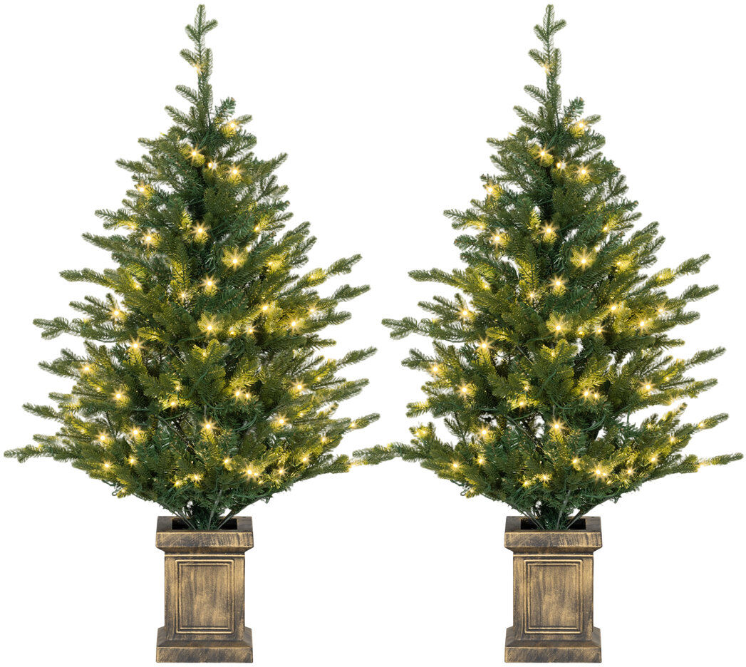Marlow Home Co. HOMCOM 2 Pcs 4ft Artificial Christmas Tree with Lights, Pot, Realistic Tips Green 4' H