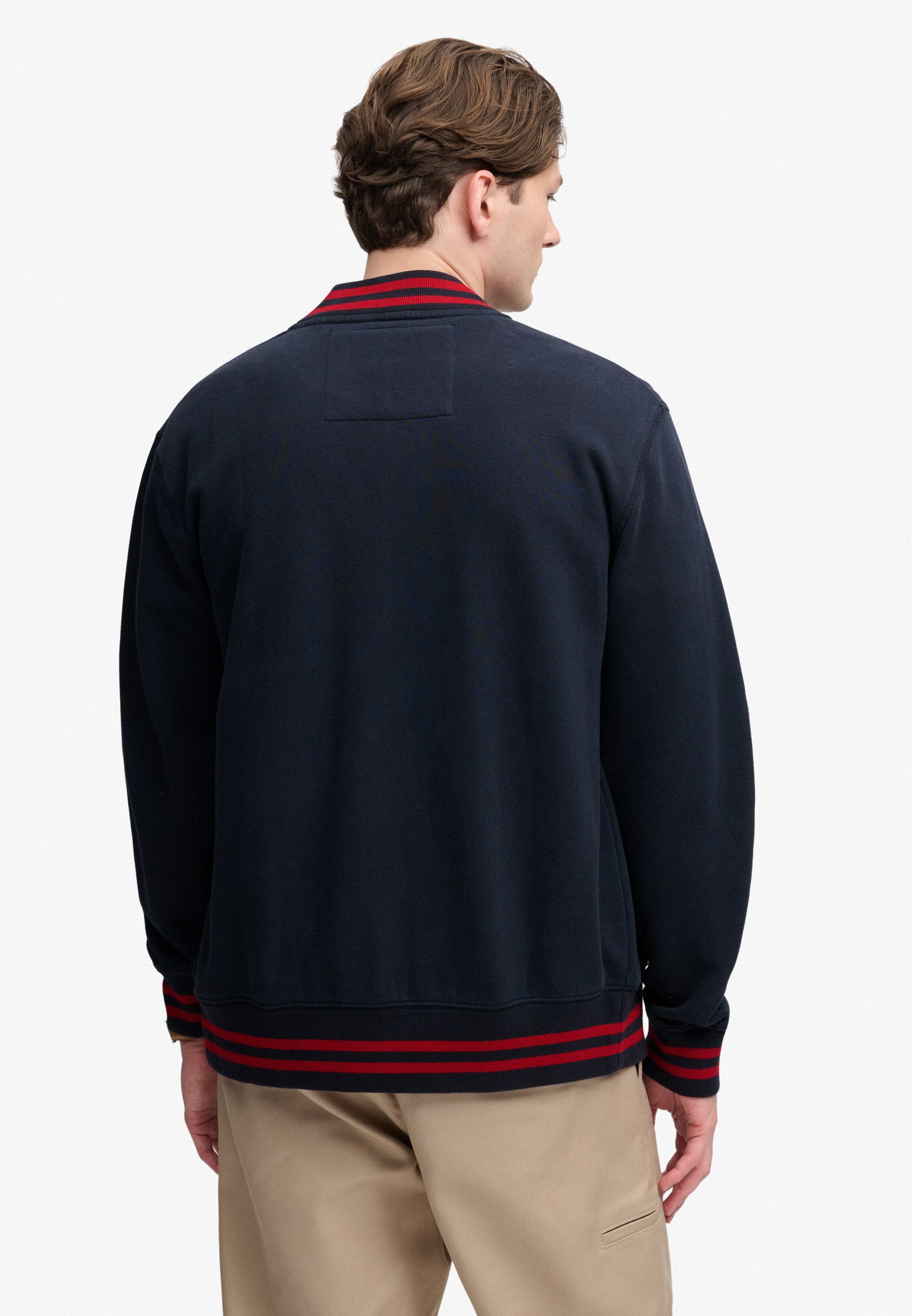 Sweatjacke SUPERDRY "VINTAGE ATHLETIC BOMBER", Herren, Gr. XL, blau (eclipse navy), angeraute Sweatware, Obermaterial: 80% Baumwolle, 20% Polyester, bedruckt, relaxed fit normal, ohne Ausschnitt, Rippbündchen, Sweatjacken Sweatjacke, Baumwollmischung, rel