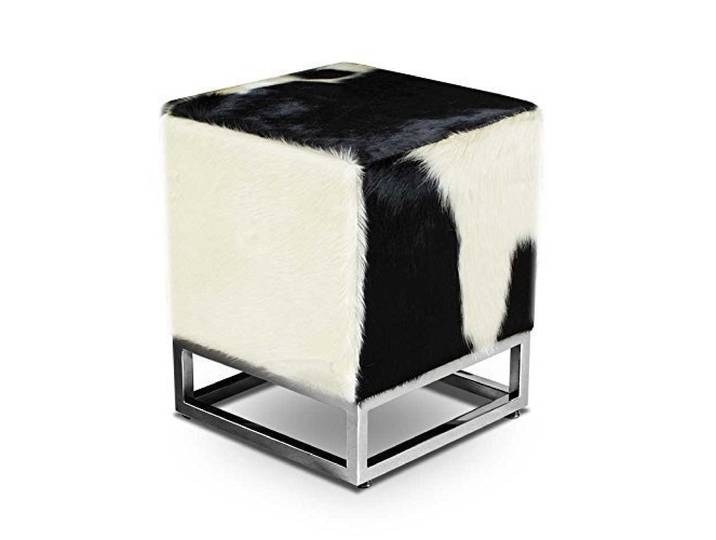 NEUERRAUM Kleiner schicker Würfel Kuhfell Bauhaus Echtleder Sitzhocker Beistellhocker Hocker Fußhocker 37 x 37 cm Sitzhöhe 45 cm. Abbildung echtes Kuhfell Schwarz-Weiß
